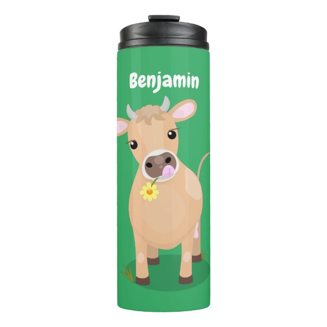 Cute happy jersey cow and flower cartoon thermal tumbler (Front)