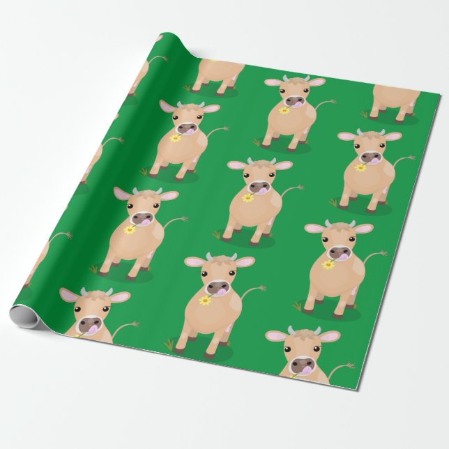 Cute happy jersey cow and flower cartoon wrapping paper (Unrolled)