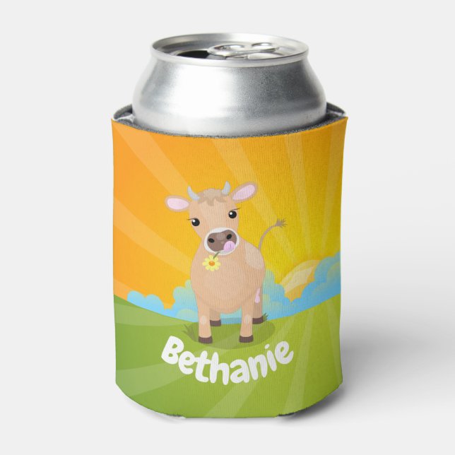 Cute happy jersey cow and flower sunrise cartoon can cooler (Can Front)