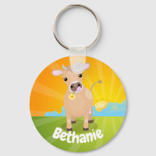 Cute happy jersey cow and flower sunrise cartoon key ring
