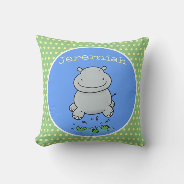 Cute happy jumping hippo cartoon illustration cushion (Front)