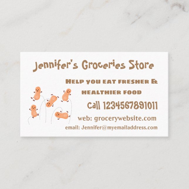 Cute happy jumping peanuts cartoon illustration business card (Front)
