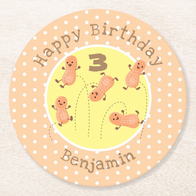 Cute happy jumping peanuts cartoon illustration round paper coaster (Front)