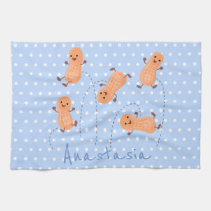 Cute happy jumping peanuts cartoon illustration tea towel