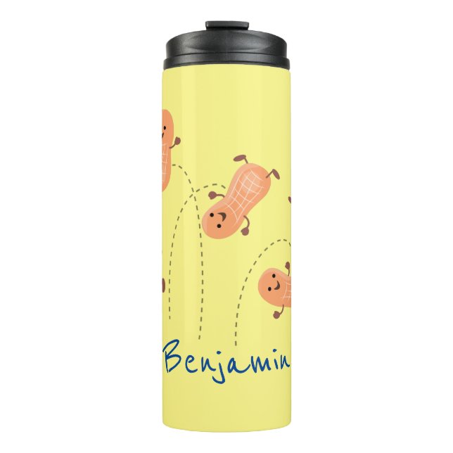 Cute happy jumping peanuts cartoon illustration thermal tumbler (Front)