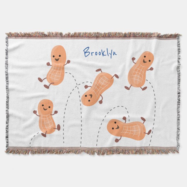 Cute happy jumping peanuts cartoon illustration throw blanket (Front)