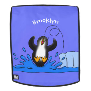 Cute happy jumping penguin cartoon illustration backpack
