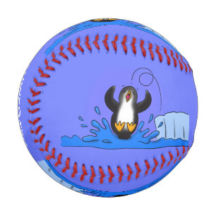 Cute happy jumping penguin cartoon illustration baseball