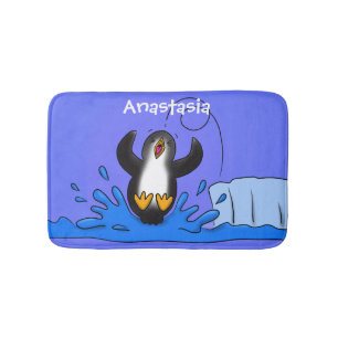 Cute happy jumping penguin cartoon illustration bath mat