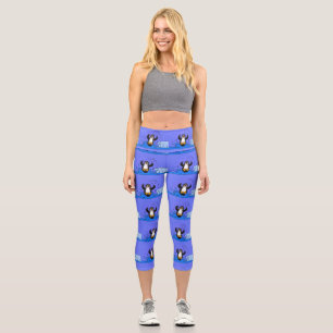 Cute happy jumping penguin cartoon illustration capri leggings