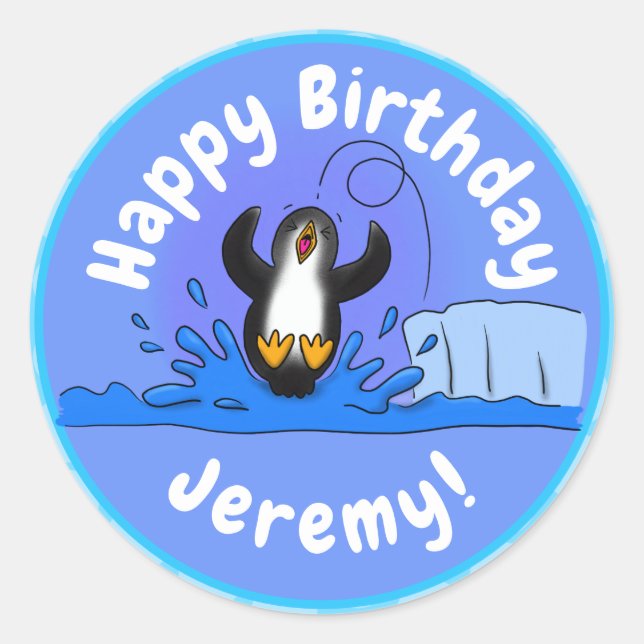 Cute happy jumping penguin cartoon illustration classic round sticker (Front)