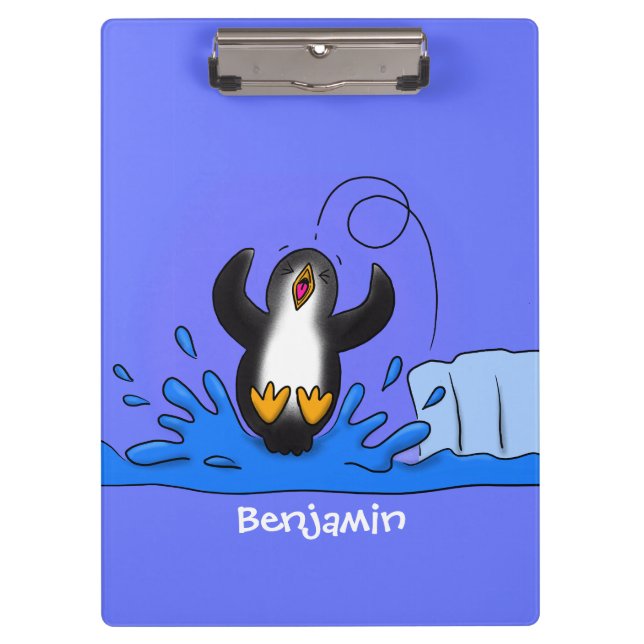 Cute happy jumping penguin cartoon illustration clipboard (Front)
