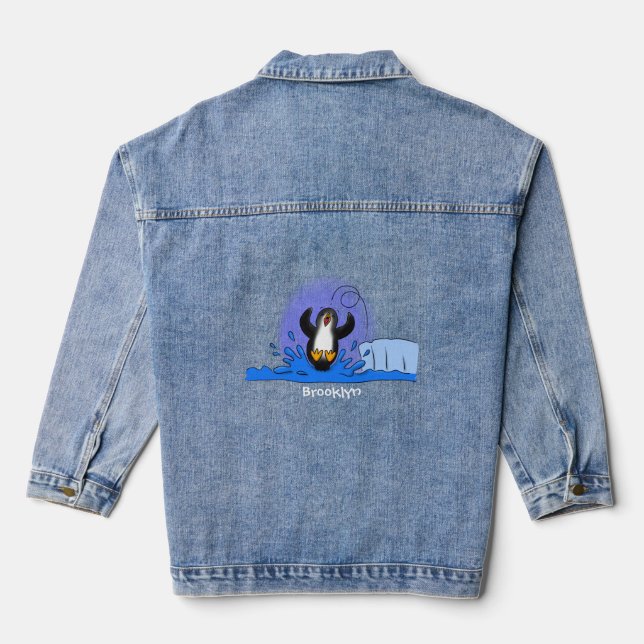 Cute happy jumping penguin cartoon illustration denim jacket (Back)