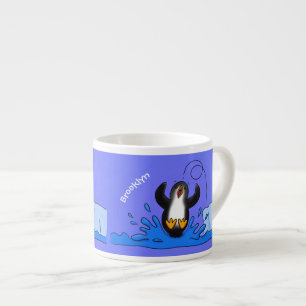 Cute happy jumping penguin cartoon illustration espresso cup