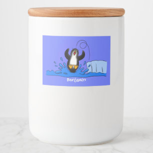 Cute happy jumping penguin cartoon illustration food label