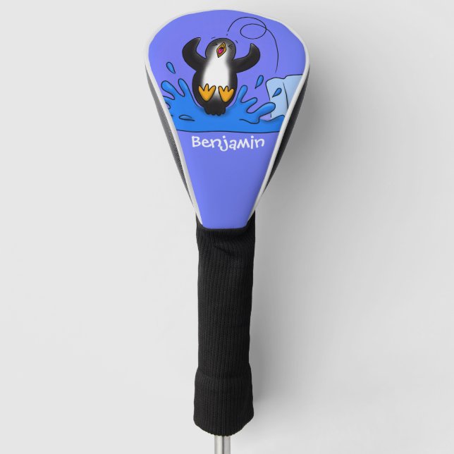 Cute happy jumping penguin cartoon illustration golf head cover (Front)