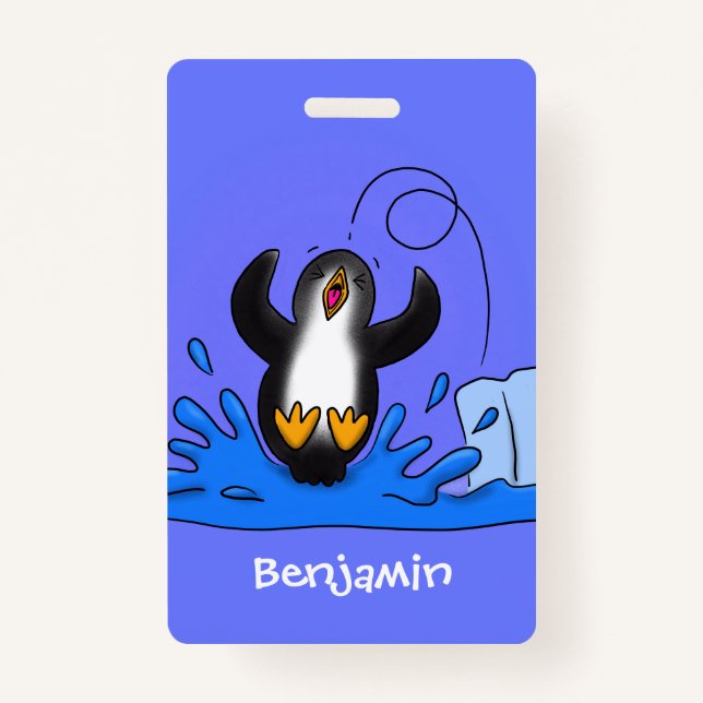 Cute happy jumping penguin cartoon illustration ID badge (Front)