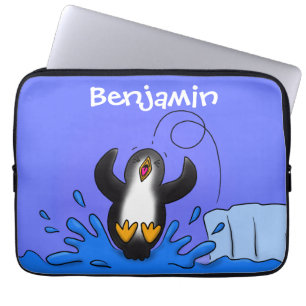 Cute happy jumping penguin cartoon illustration laptop sleeve