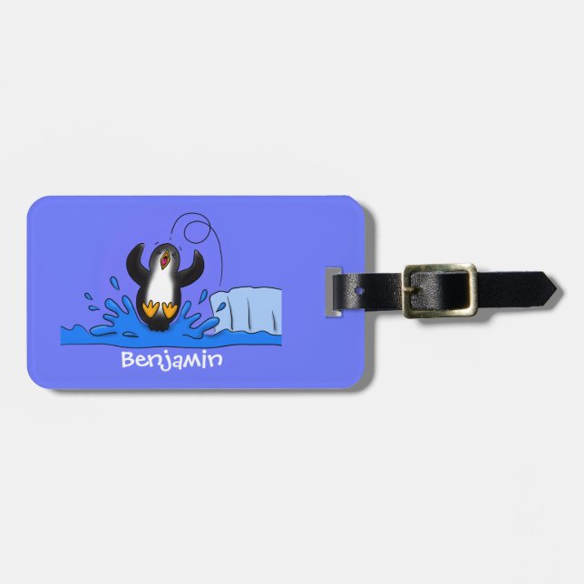 Cute happy jumping penguin cartoon illustration luggage tag (Front Horizontal)