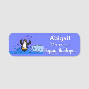 Cute happy jumping penguin cartoon illustration name tag