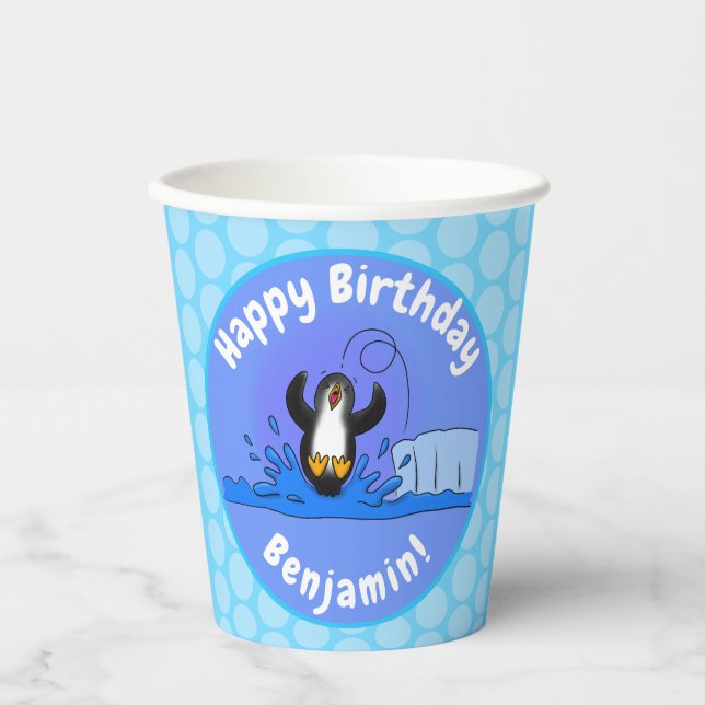 Cute happy jumping penguin cartoon illustration paper cups (Front)