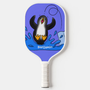 Cute happy jumping penguin cartoon illustration  pickleball paddle