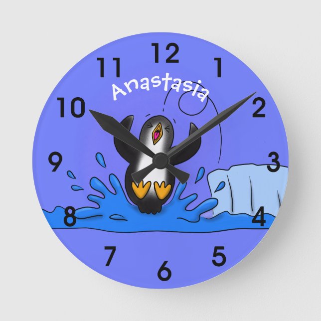 Cute happy jumping penguin cartoon illustration round clock (Front)