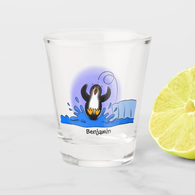 Cute happy jumping penguin cartoon illustration shot glass (Front)