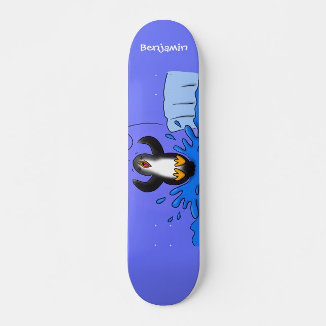 Cute happy jumping penguin cartoon illustration skateboard (Front)