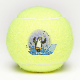 Cute happy jumping penguin cartoon illustration tennis balls