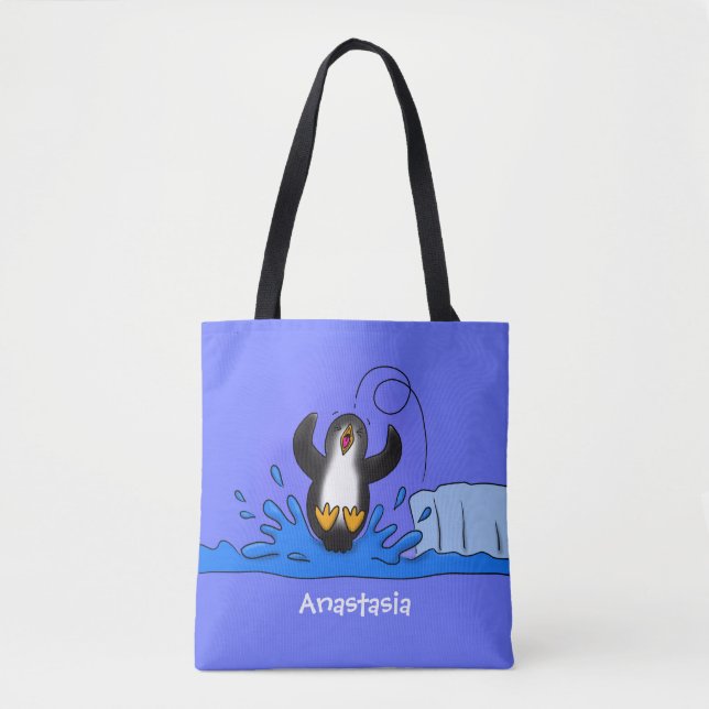 Cute happy jumping penguin cartoon illustration tote bag (Front)