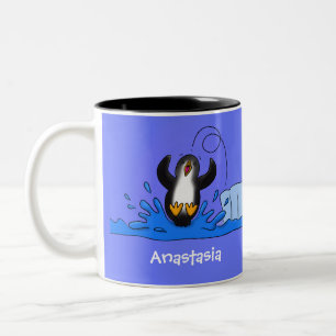 Cute happy jumping penguin cartoon illustration Two-Tone coffee mug