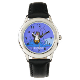Cute happy jumping penguin cartoon illustration watch
