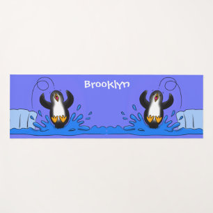 Cute happy jumping penguin cartoon illustration yoga mat