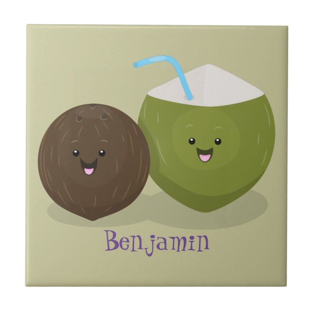 Cute happy kawaii coconuts cartoon illustration ceramic tile (Front)
