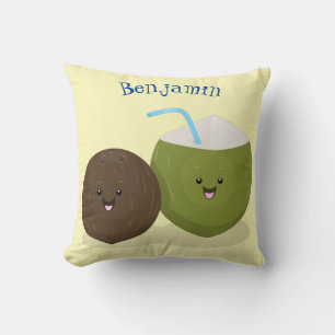 Cute happy kawaii coconuts cartoon illustration cushion