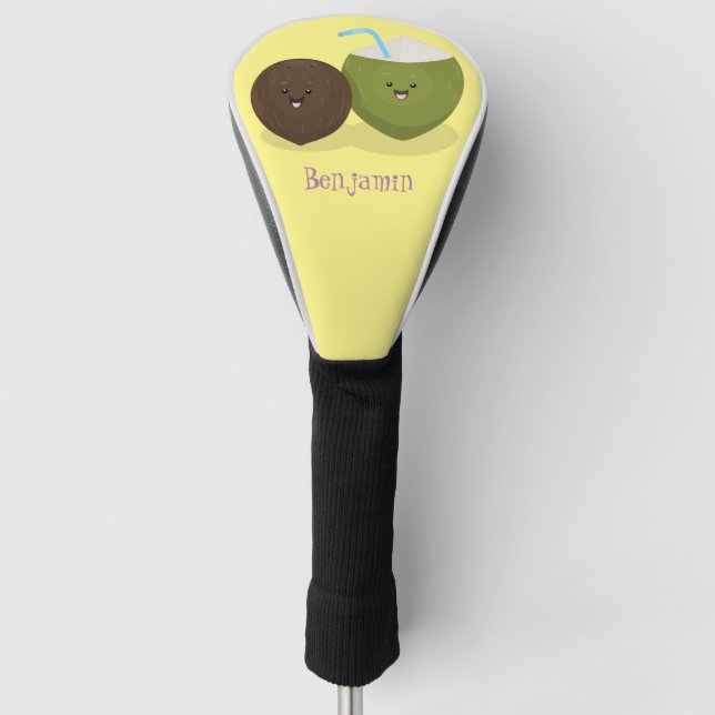 Cute happy kawaii coconuts cartoon illustration golf head cover (Front)