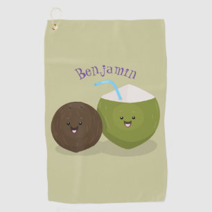 Cute happy kawaii coconuts cartoon illustration  golf towel