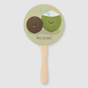 Cute happy kawaii coconuts cartoon illustration hand fan