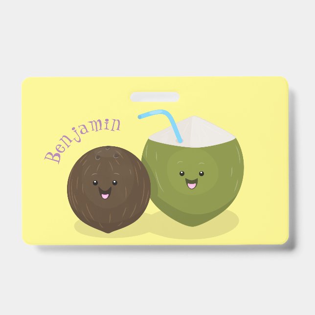 Cute happy kawaii coconuts cartoon illustration ID badge (Front)