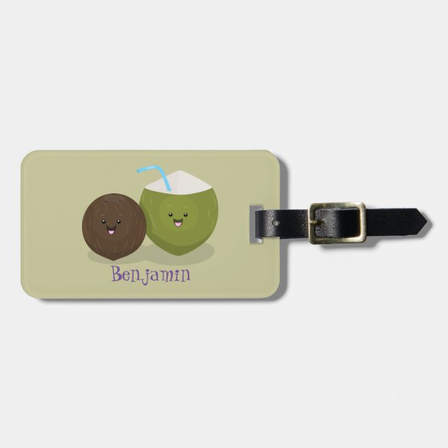 Cute happy kawaii coconuts cartoon illustration luggage tag (Front Horizontal)