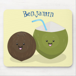 Cute happy kawaii coconuts cartoon illustration mouse pad