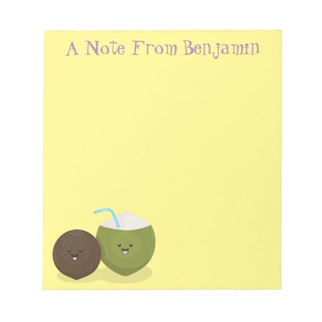 Cute happy kawaii coconuts cartoon illustration notepad (Front)