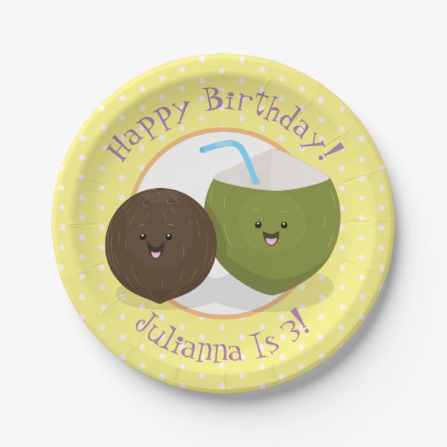 Cute happy kawaii coconuts cartoon illustration paper plate (Front)