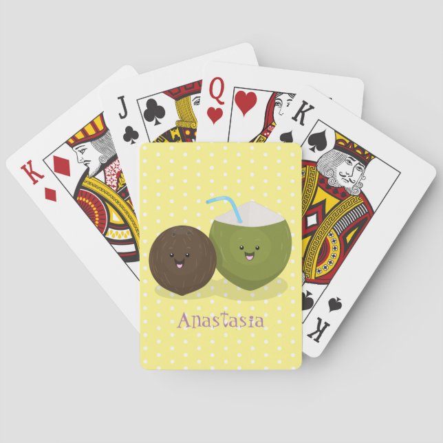 Cute happy kawaii coconuts cartoon illustration playing cards (Back)