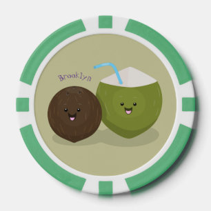 Cute happy kawaii coconuts cartoon illustration poker chips