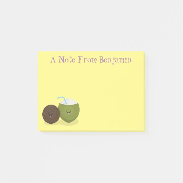 Cute happy kawaii coconuts cartoon illustration post-it notes (Front)
