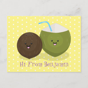 Cute happy kawaii coconuts cartoon illustration postcard