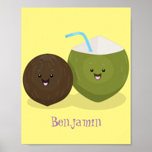 Cute happy kawaii coconuts cartoon illustration poster