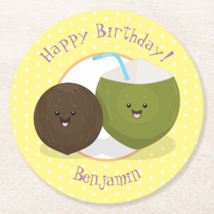 Cute happy kawaii coconuts cartoon illustration round paper coaster